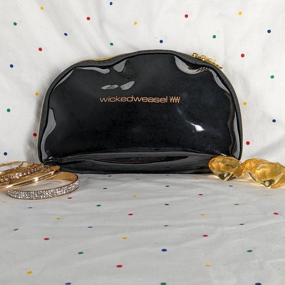 Wicked Weasel Black Patent PVC Gold Tone Zipper With Logo Cosmetic Bag